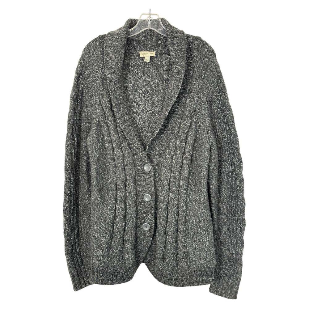Chunky Cable Knit Shawl Collar Cardigan Women L Heather Gray Fisherman